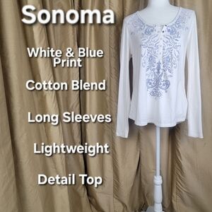 Sonoma White and Blue Print Long Sleeve Top